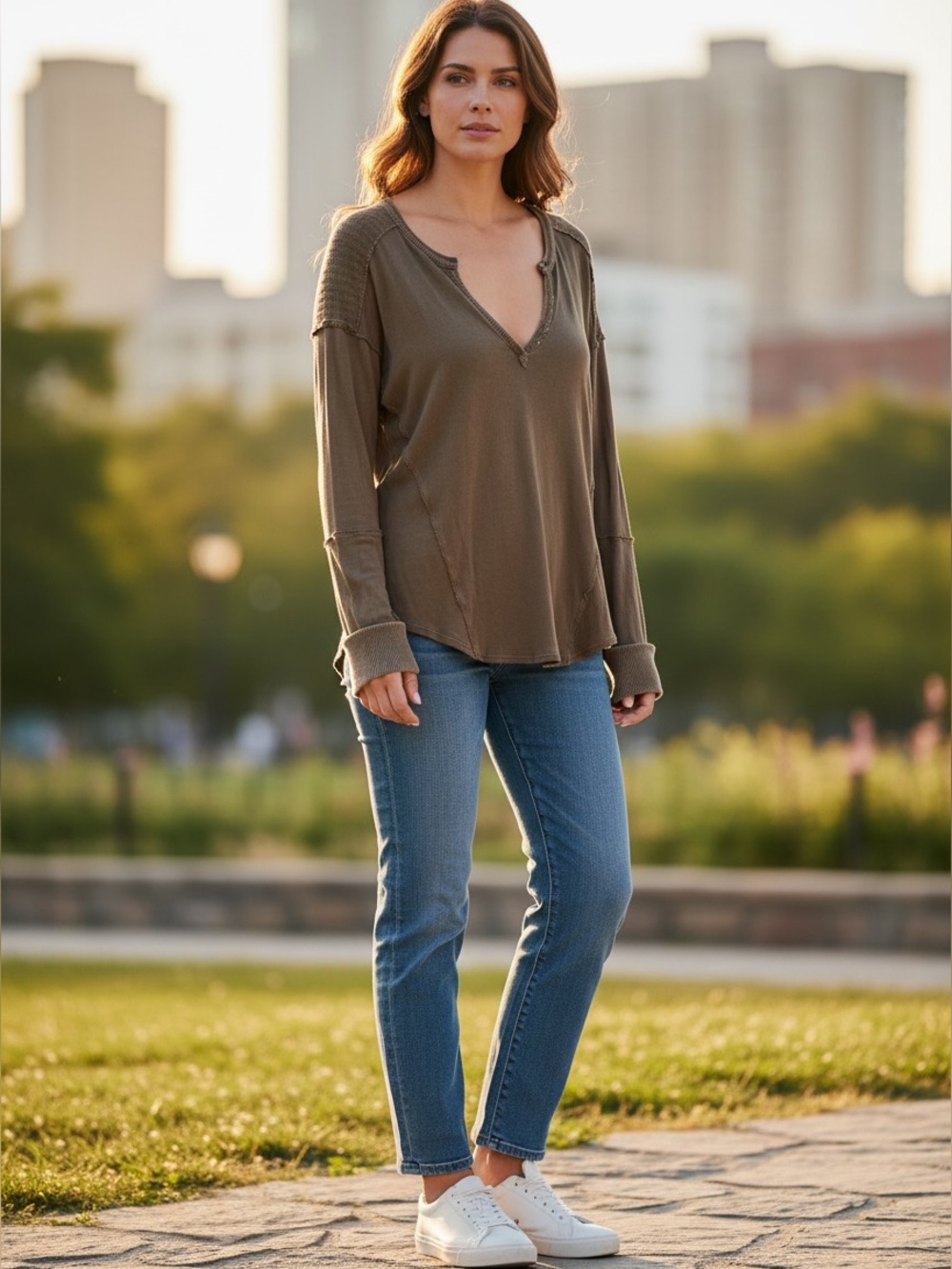We The Free Olive Green Distressed Long Sleeve Shirt, Size Medium